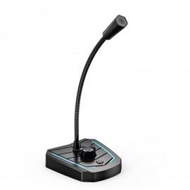 USB Desk Microphone Plug & Play Professional 360 Degree Omnidirectional Microphone with Built-in LED Light Volume Knob Desktop Condenser Mic for Recording Living Gaming